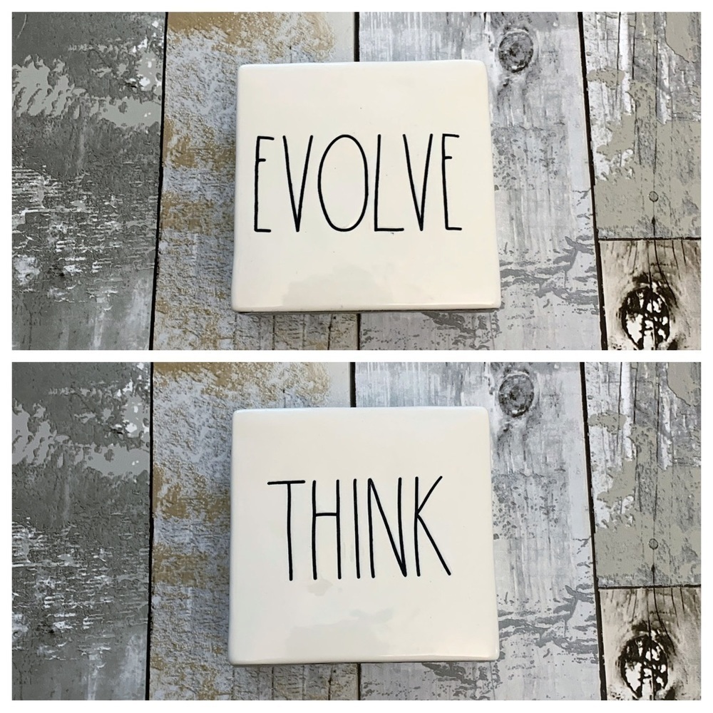 #22 Rae Dunn Think Evolve Double Side Desk Office Paperweight Ceramic Sign Decor - Picture 6 of 9
